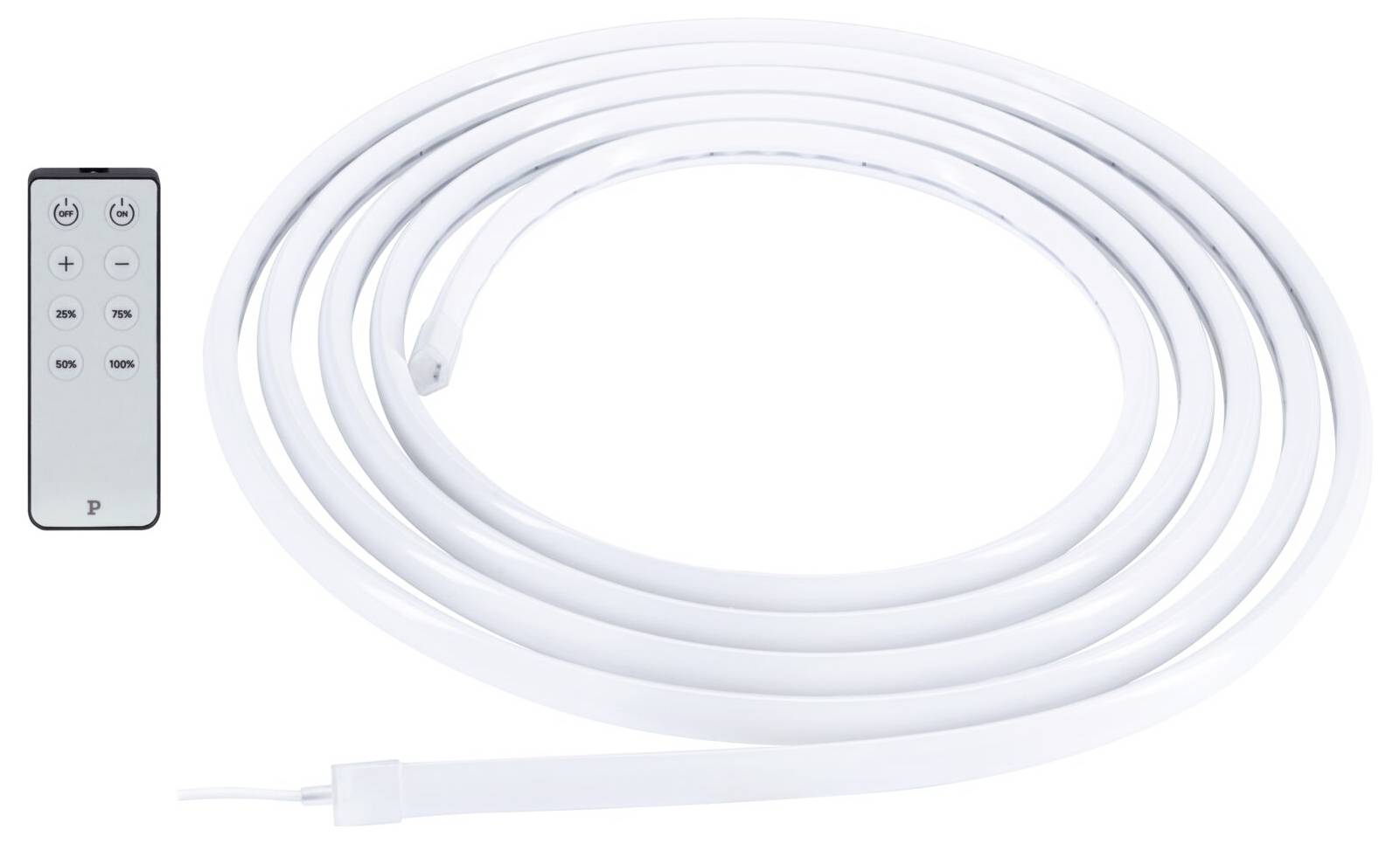 Weiße LED-Seilleuchte in Rollenform mit Stecker, abgebildet neben einer kleinen Fernbedienung mit Strom-, Helligkeit- und Modusschaltflächen.