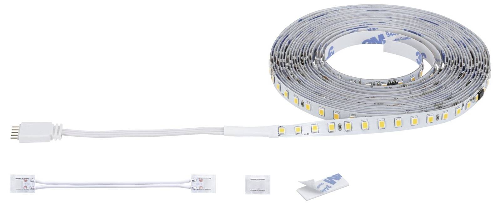 Aufgerolltes LED-Streifenlicht mit weißen Steckern und Adaptern, dargestellt als Produktbild auf weißem Hintergrund.