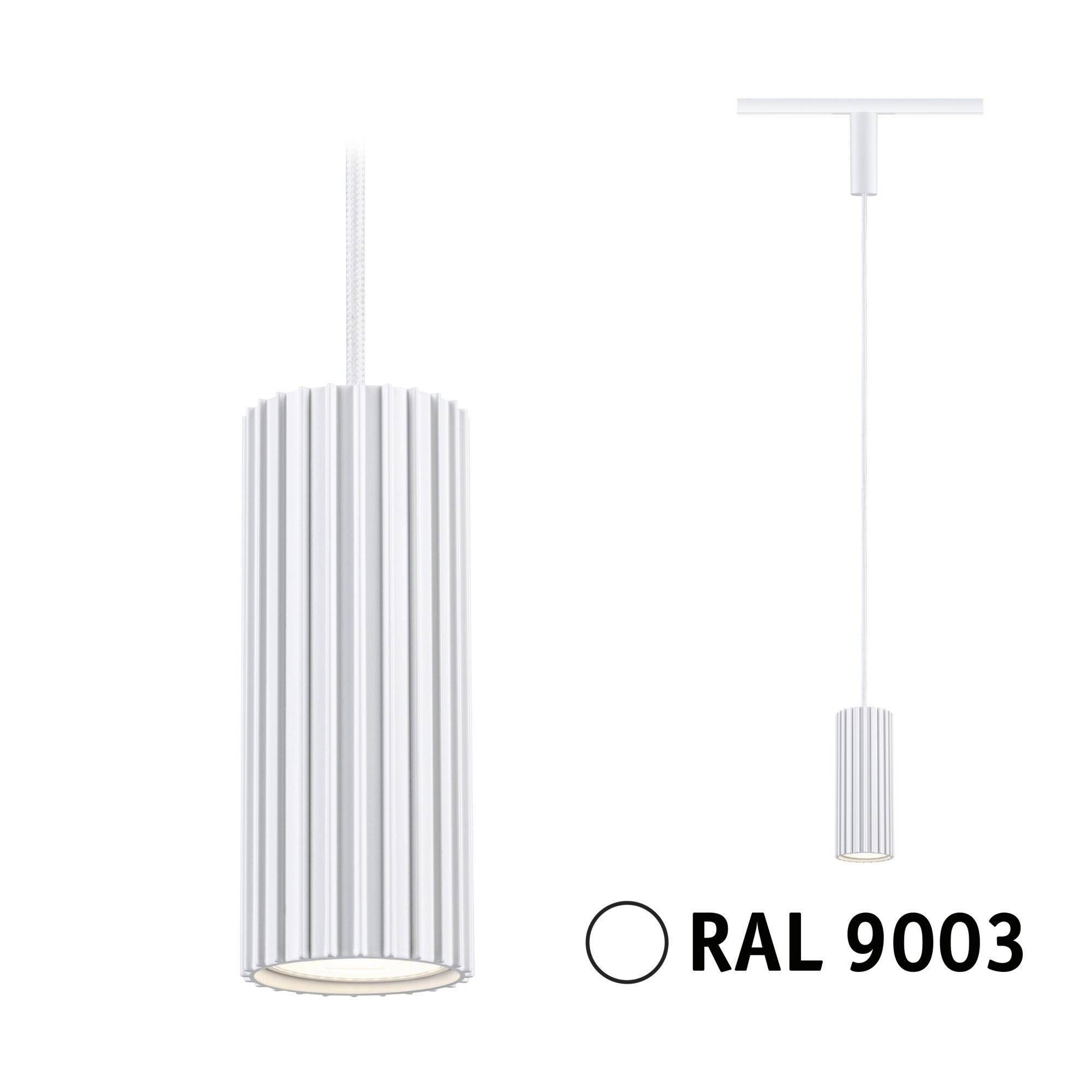 Weiße zylindrische Pendelleuchte mit vertikalen Rippen, von der Seite und von vorne gezeigt, gekennzeichnet mit 