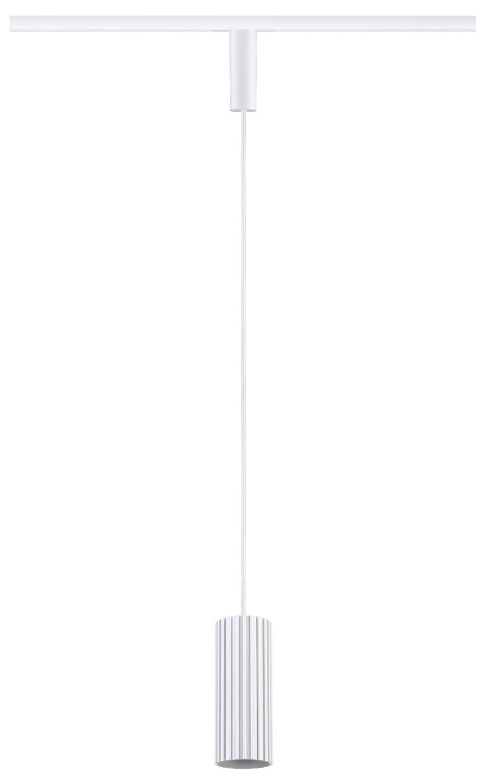 Eine moderne weiße Pendelleuchte mit langem Kabel und geripptem zylindrischem Schirm, zentral hängend.