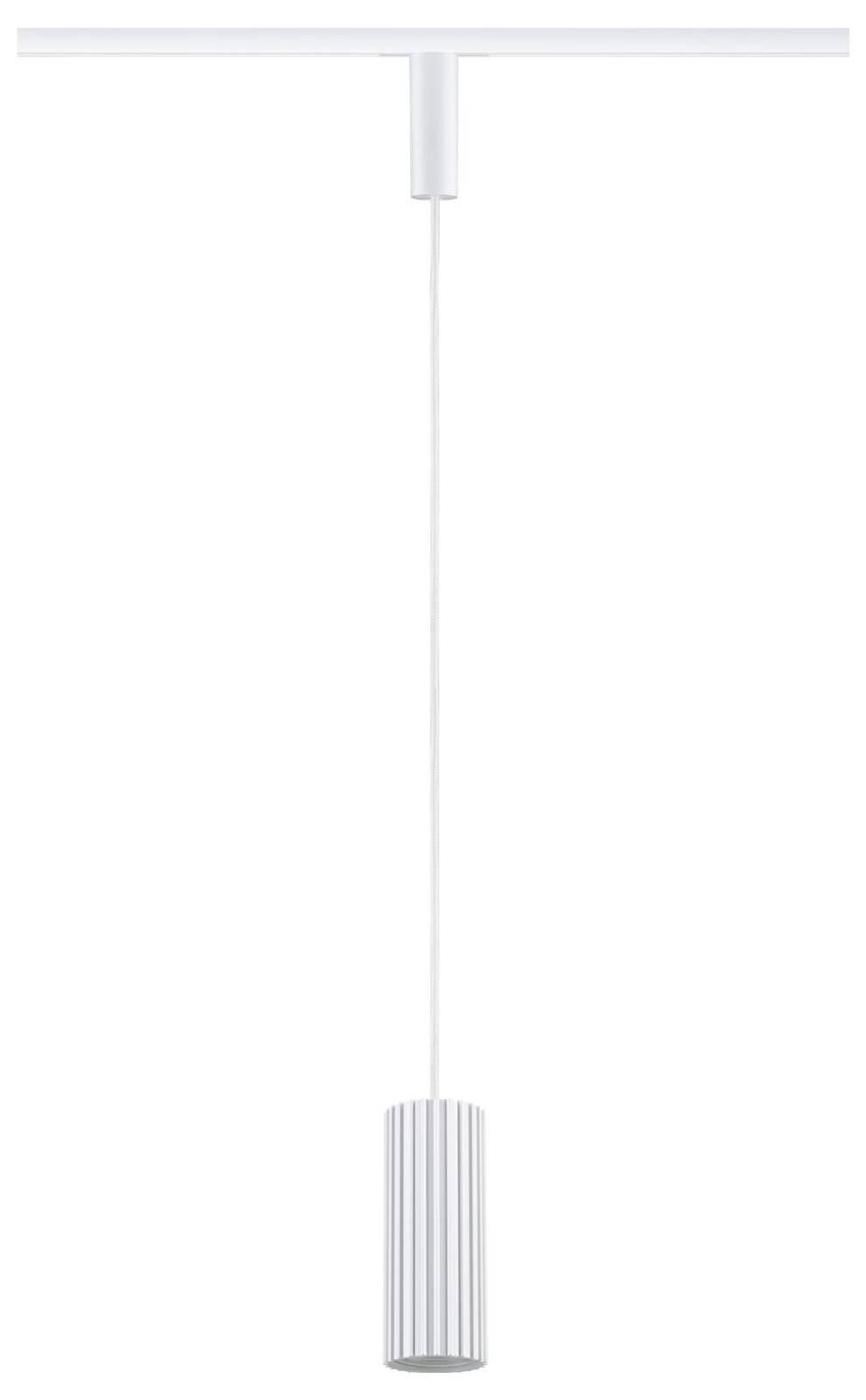 Weiße Pendelleuchte mit einem langen, schlanken Kabel und einem gerippten zylindrischen Schirm, zentral auf einem einfarbigen Hintergrund hängend.