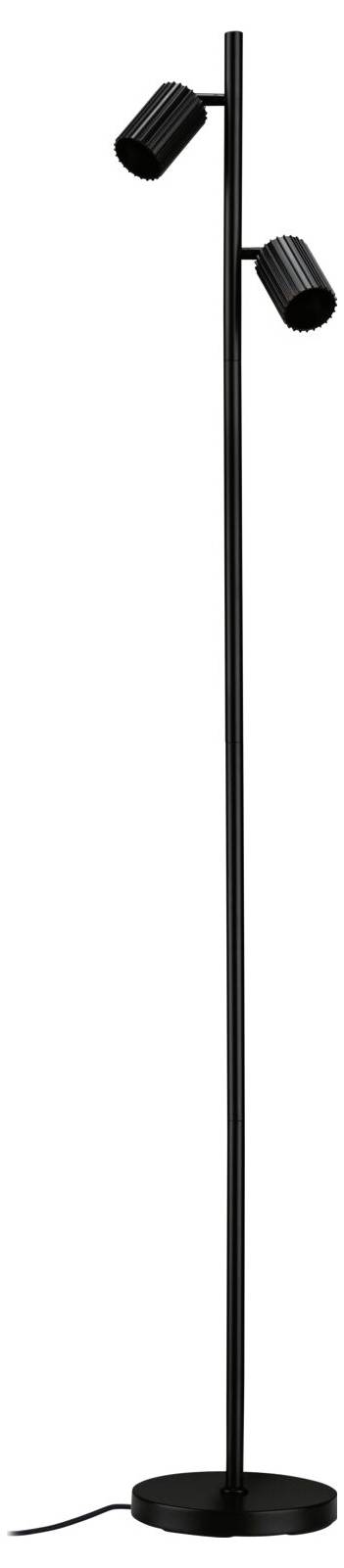 Schwarze Stehleuchte mit rundem Sockel und zwei verstellbaren Spotlights auf einem hohen vertikalen Ständer.