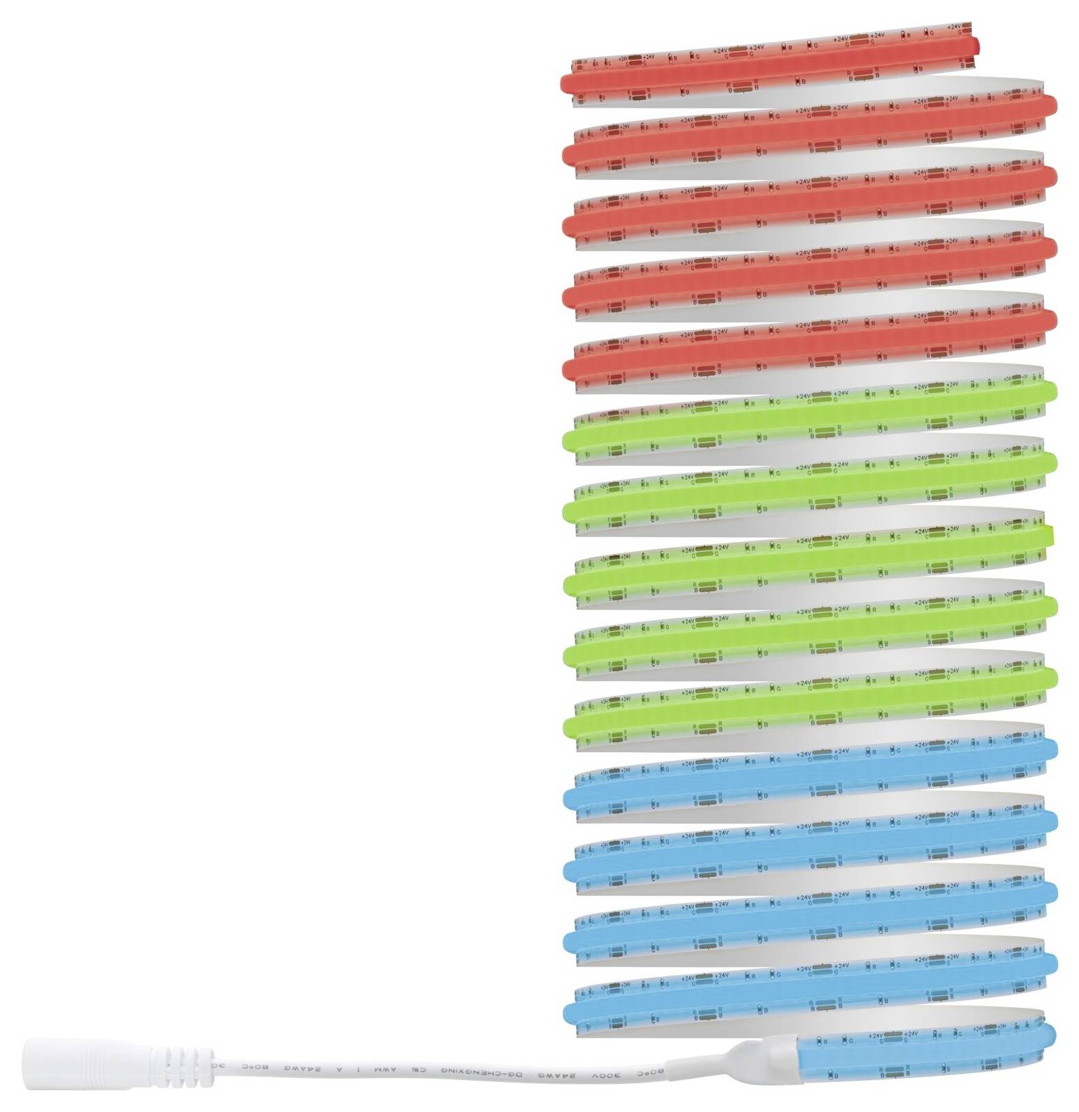 Ein aufgerolltes weißes Kabel mit gestapelten roten, grünen und blauen durchscheinenden Segmenten, das einem farbcodierten flexiblen LED-Leuchtstreifen ähnelt.