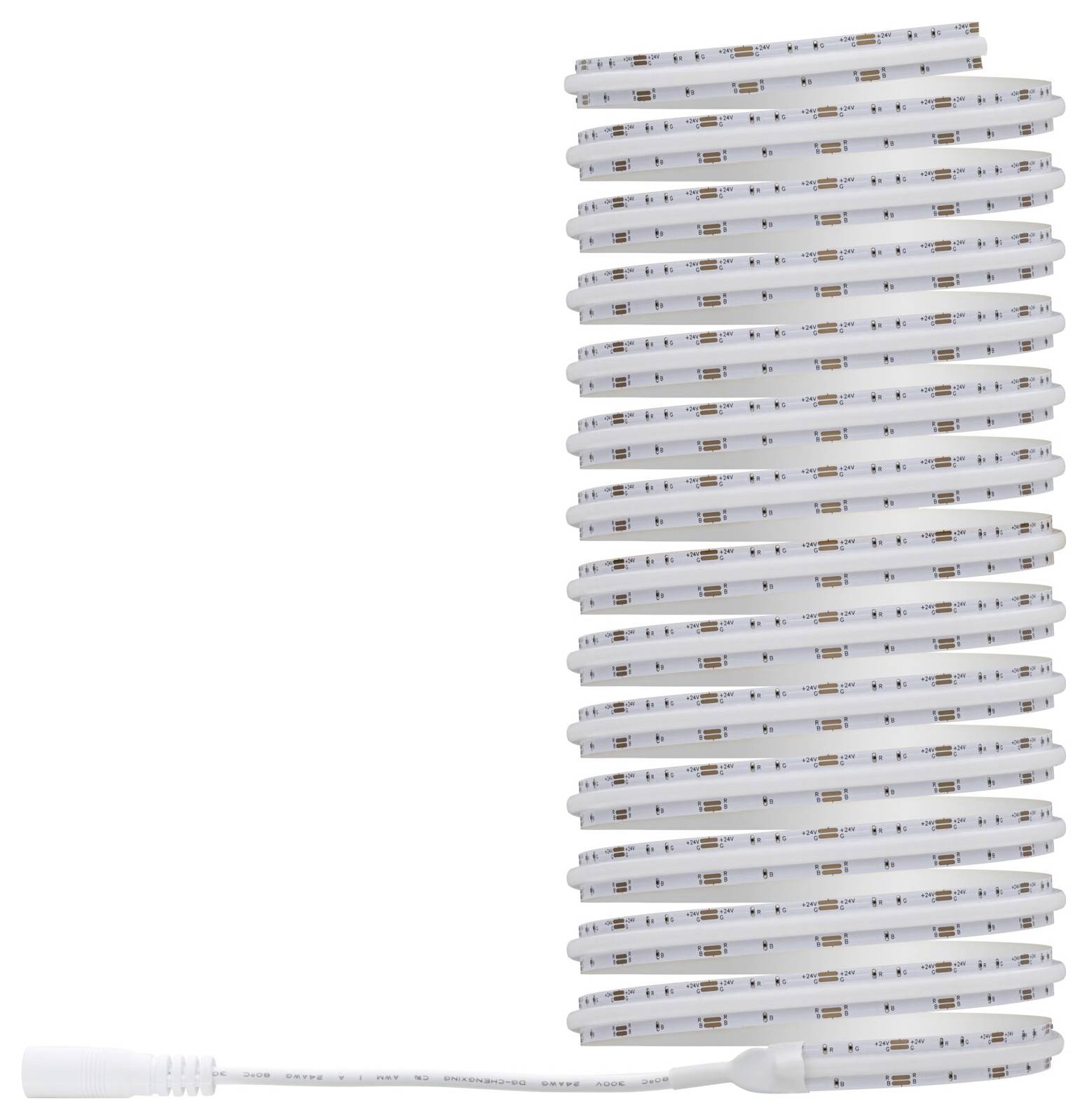 Ein Stapel weißer LED-Lichtstreifen mit einem ausgefahrenen Streifen unten auf einem schlichten weißen Hintergrund.