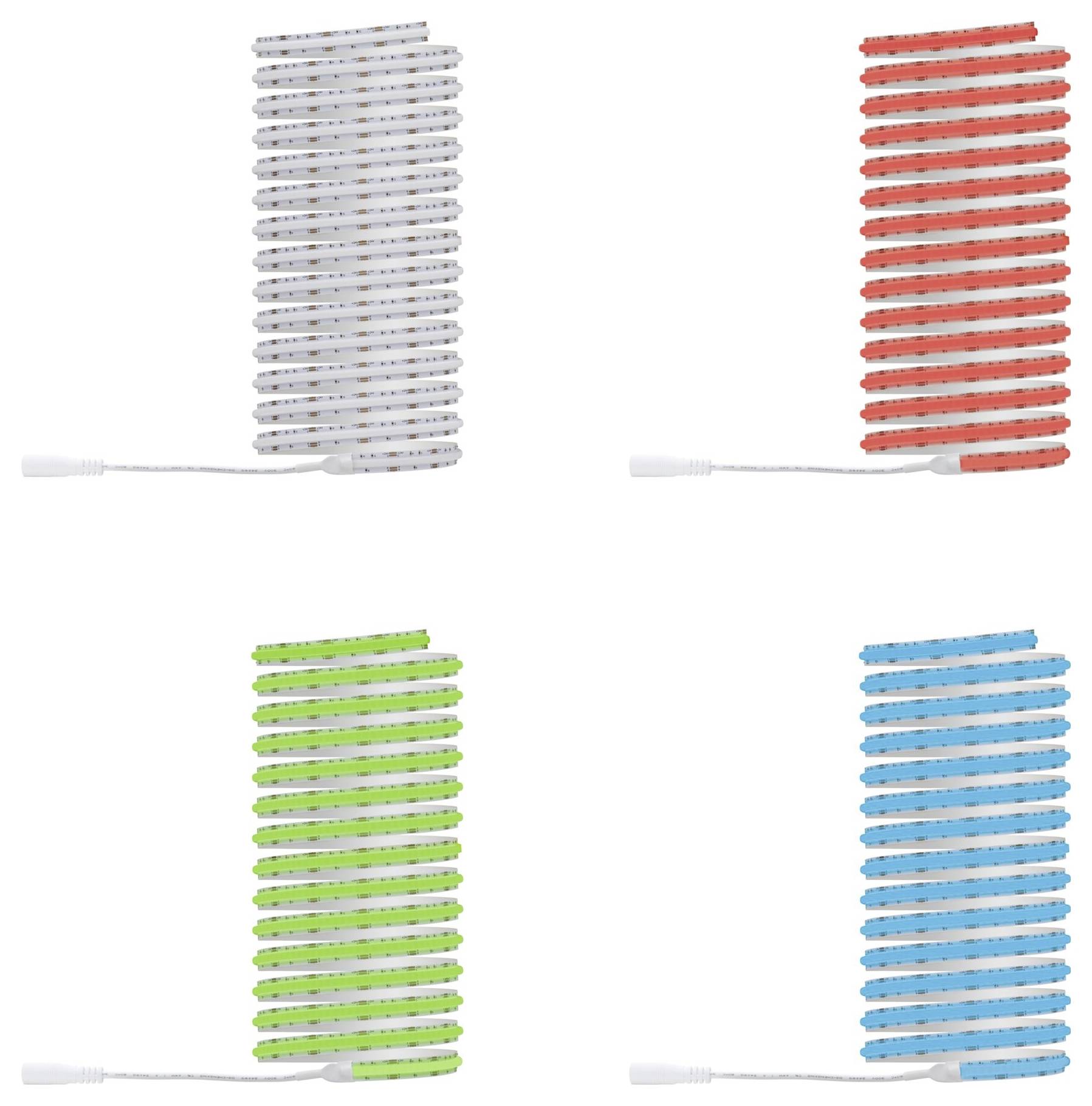 Vier Ansichten eines spiralförmigen Kabelorganizers in Grau, Rot, Grün und Blau mit einem weißen Kabel befestigt.