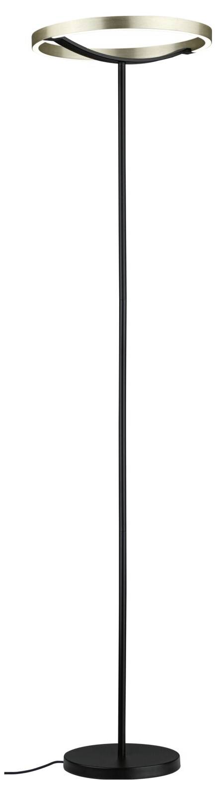 Moderne Stehleuchte mit rundem schwarzem Fuß, schlankem schwarzem Schaft und kreisförmigem goldtonigem Leuchtring oben.