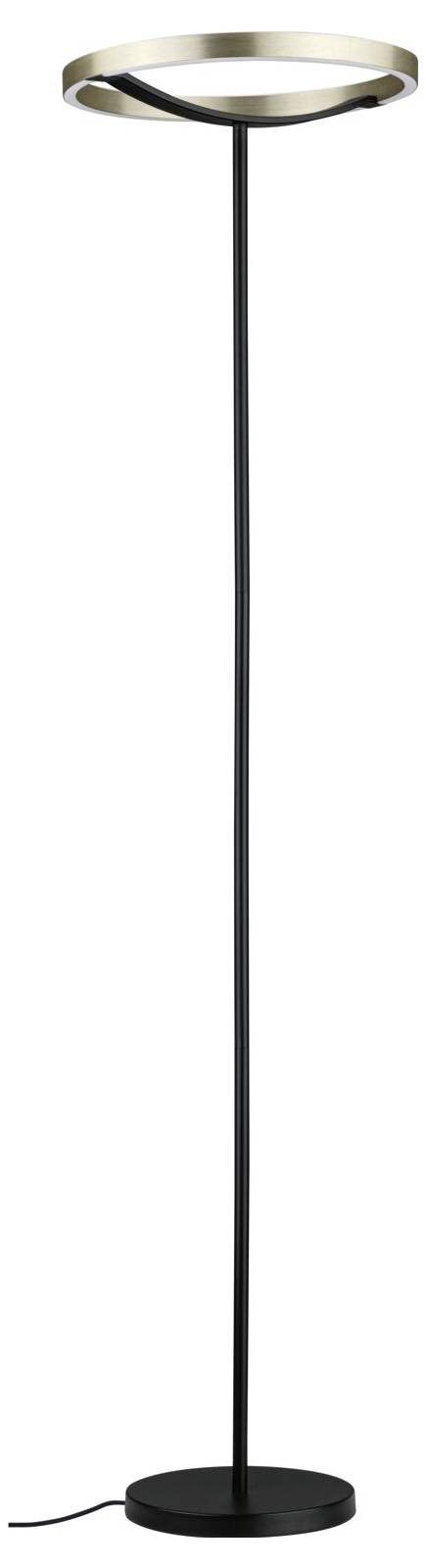 Moderne schwarze Stehleuchte mit schlankem Schaft und kreisförmigem Fuß, gekrönt von einem ringförmigen Leuchtenelement.