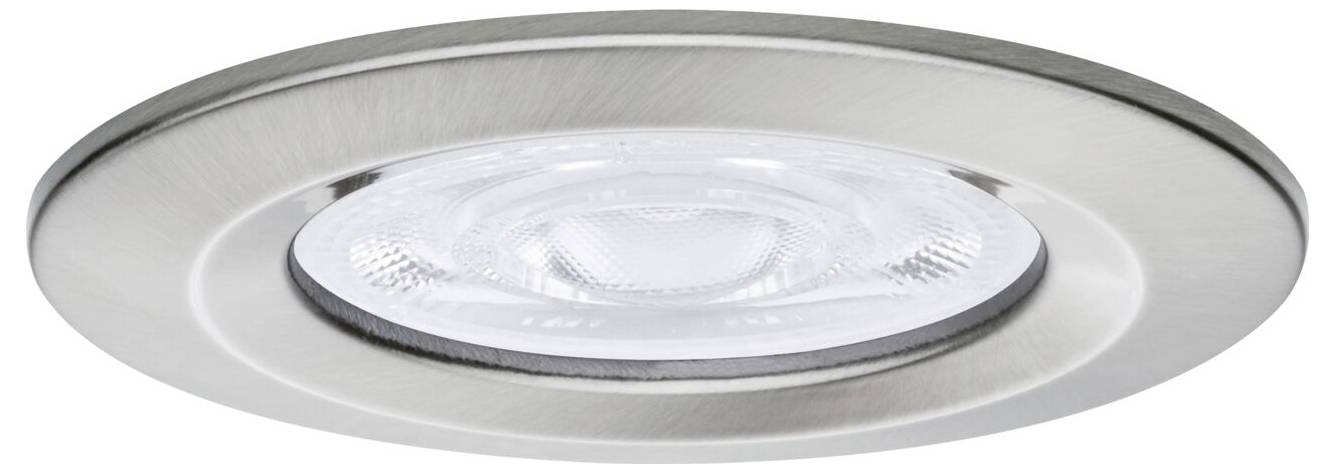 Runde Einbauleuchte mit gebürstetem silbernen Rahmen und klarer zentraler Linse.