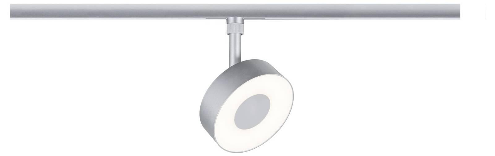 Ein modernes graues Schienensystem mit einem runden verstellbaren Lampenkopf, der an einer Deckenleiste hängt.