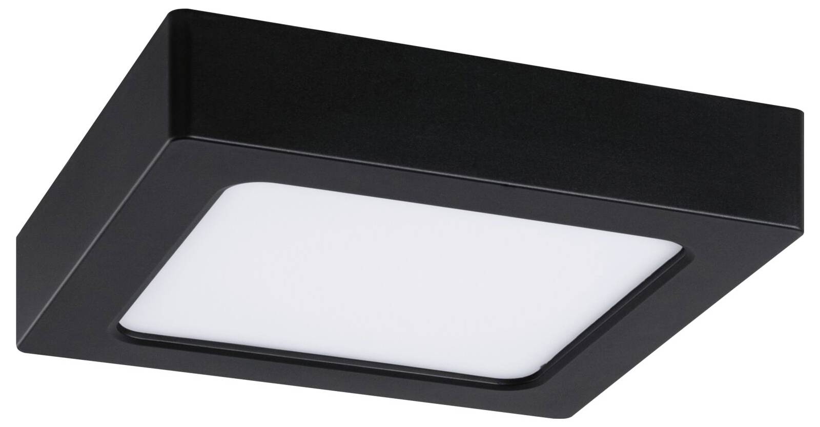 Schwarze quadratische Unterputz-Deckenleuchte mit mattiertem weißen Diffusor auf weißem Hintergrund.