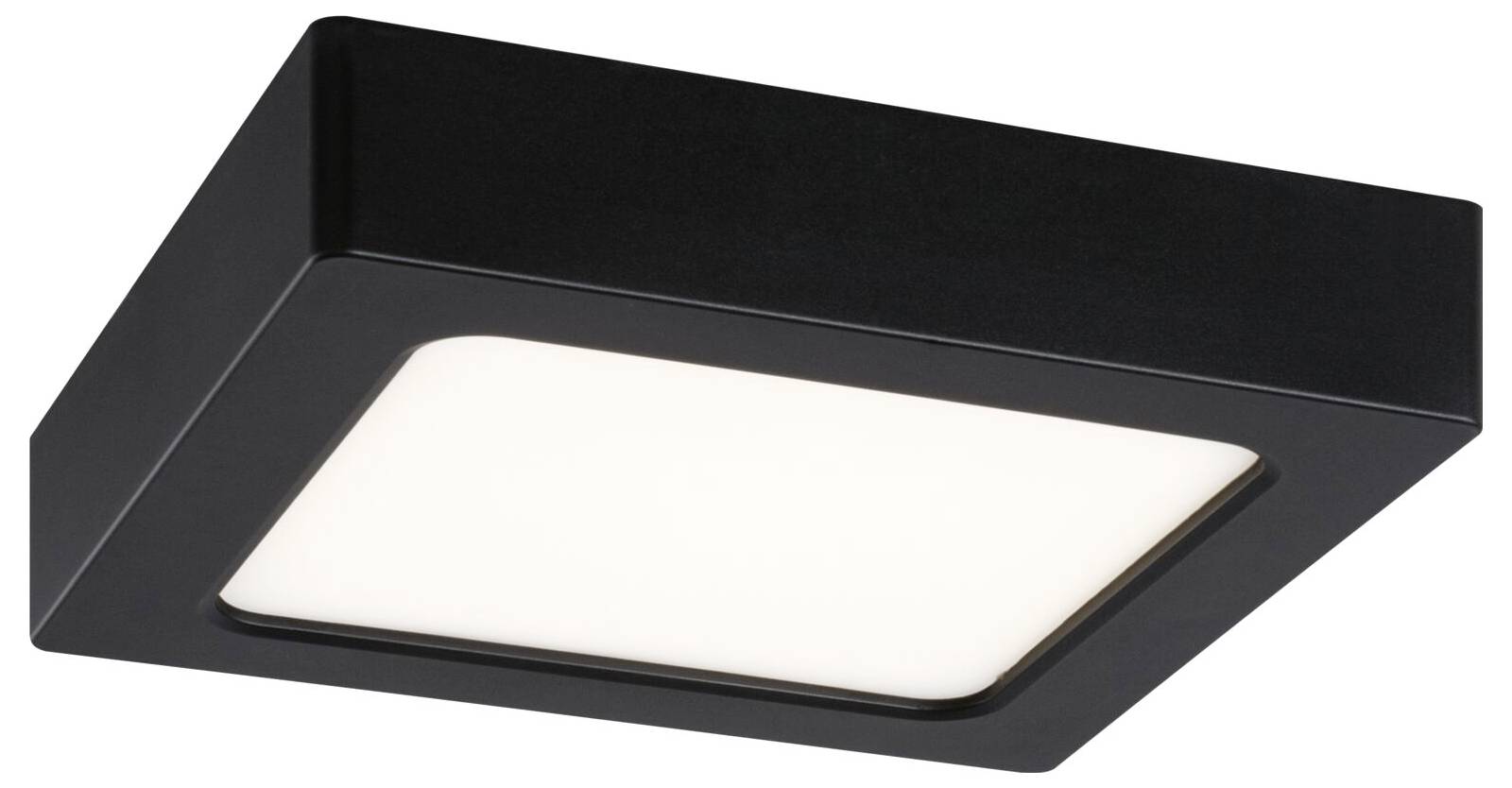 Modernes schwarzes quadratisches Deckenleuchte mit mattiertem weißem Diffusorpaneel, gezeigt auf weißem Hintergrund.