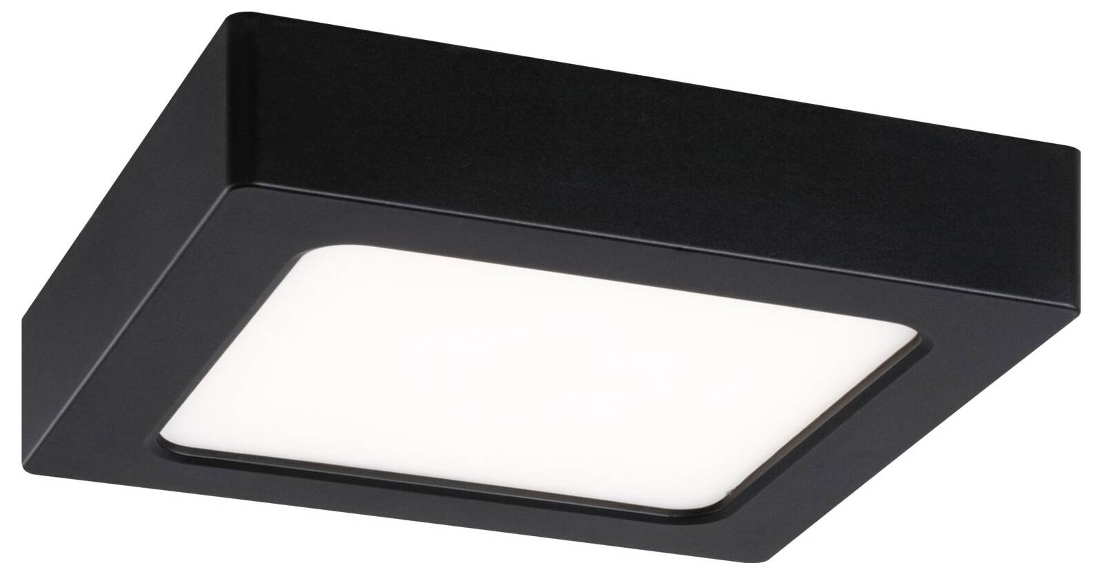 Schwarze quadratische Deckenleuchte mit matt-weißem Diffusor, von unten auf neutralem Hintergrund fotografiert.