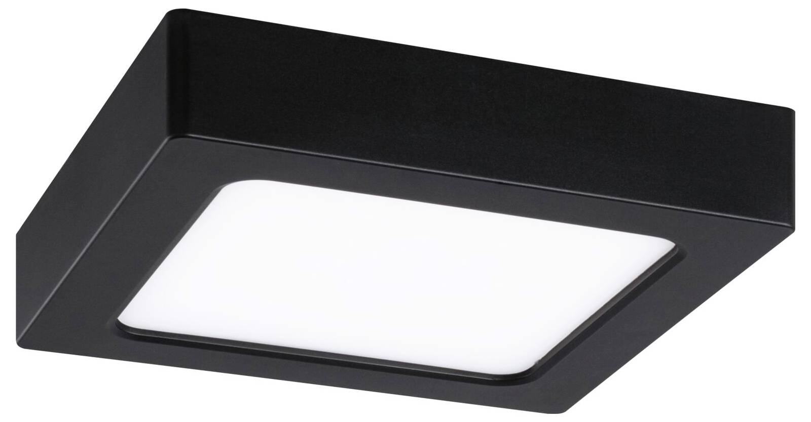 Schwarze quadratische Deckenleuchte zum Einbau mit mattiertem weißem Diffusorelement.