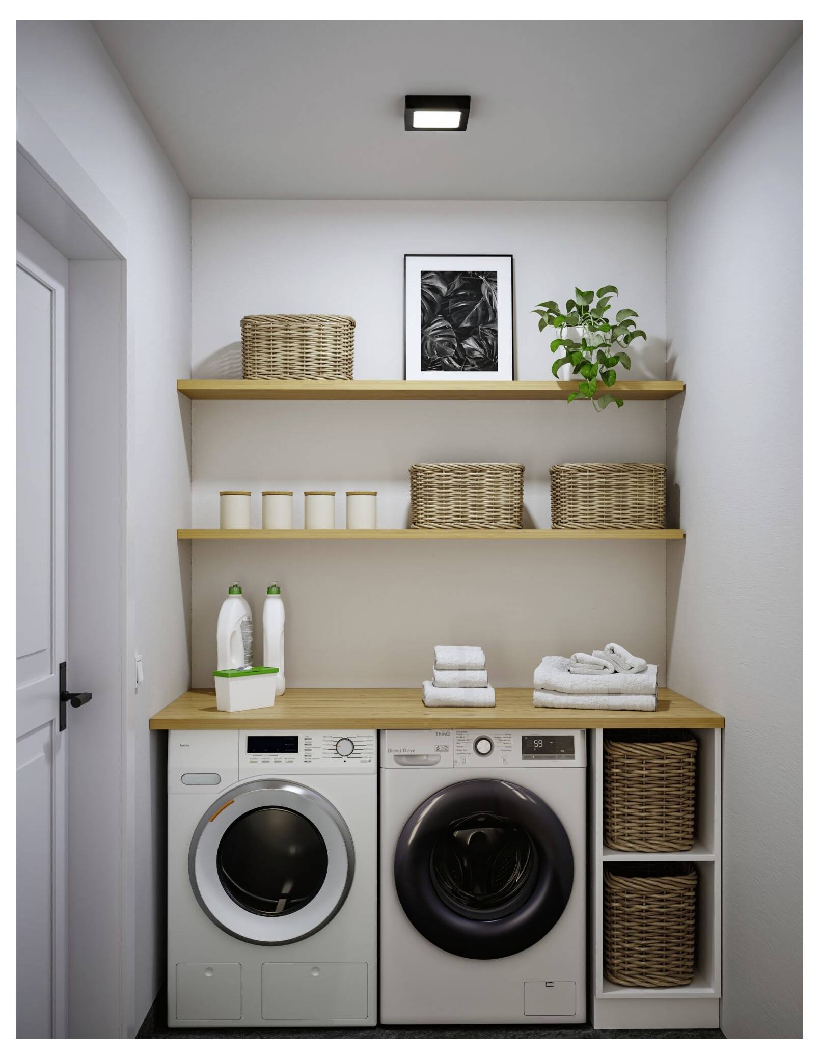 Ein kompakter Waschraum mit einer Waschmaschine und einem Trockner unter einer Holzarbeitsplatte, Regalen mit Körben, Handtüchern, Toilettenartikeln und einer Pflanze.