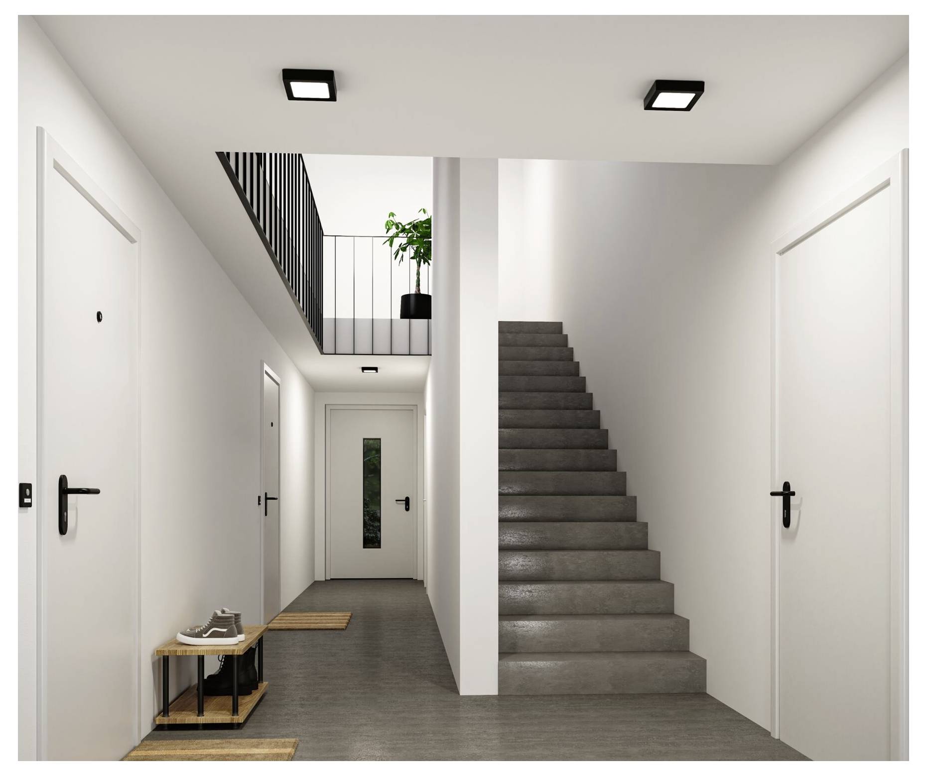 Minimale moderne Wohnungsflur mit weißen Türen, grauem Boden, zentraler Treppe und einem oberen Balkon mit einer Topfpflanze.