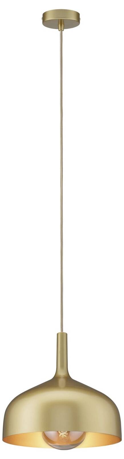 Goldfarbene Pendelleuchte mit kuppelförmigem Schirm und sichtbarem Leuchtmittel, hängend an einem langen Kabel vor weißem Hintergrund.