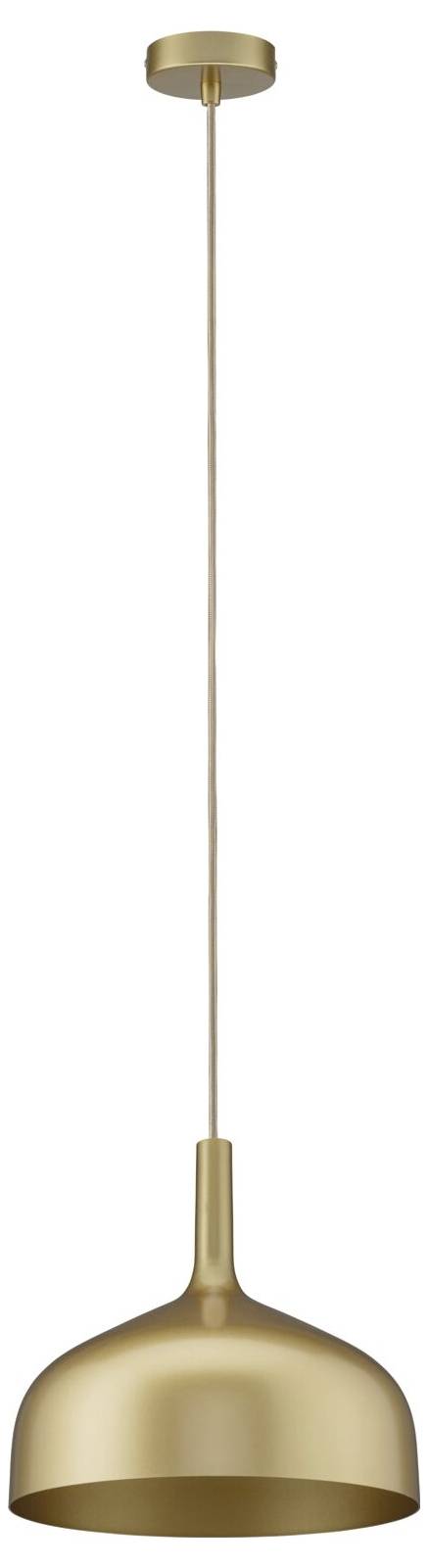 Goldene Pendelleuchte mit gewölbtem Metallschirm und langem Schaft, vor weißem Hintergrund dargestellt.