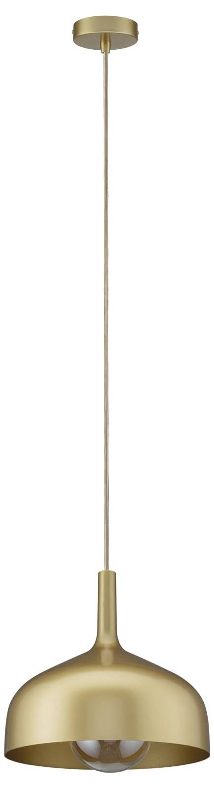 Goldene Pendelleuchte mit kuppelförmigem Schirm und langem Stiel, gezeigt vor einem einfachen weißen Hintergrund.