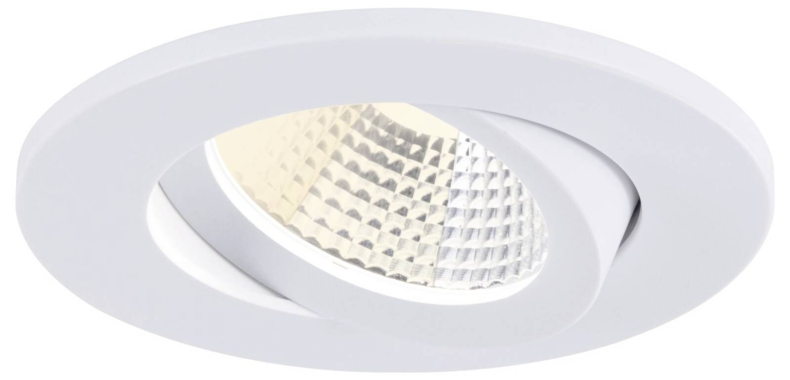 Weiße Einbau-Deckenleuchte mit kreisförmiger Blende und reflektierendem inneren Linsensystem, dargestellt auf weißem Hintergrund.