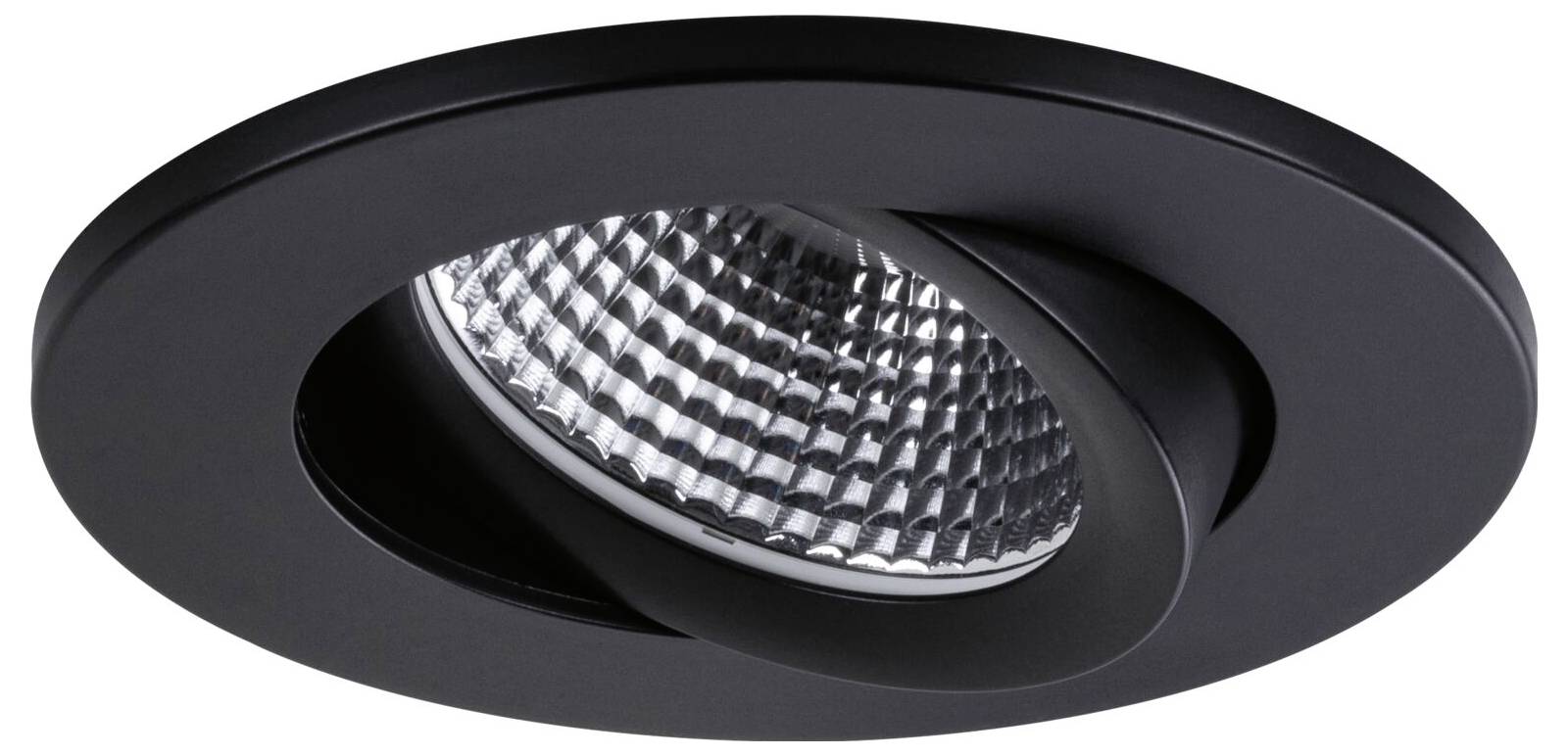 Schwarzer versenkter Deckenspot mit verstellbarem rundem Trimm und reflektierendem inneren Lampengehäuse.