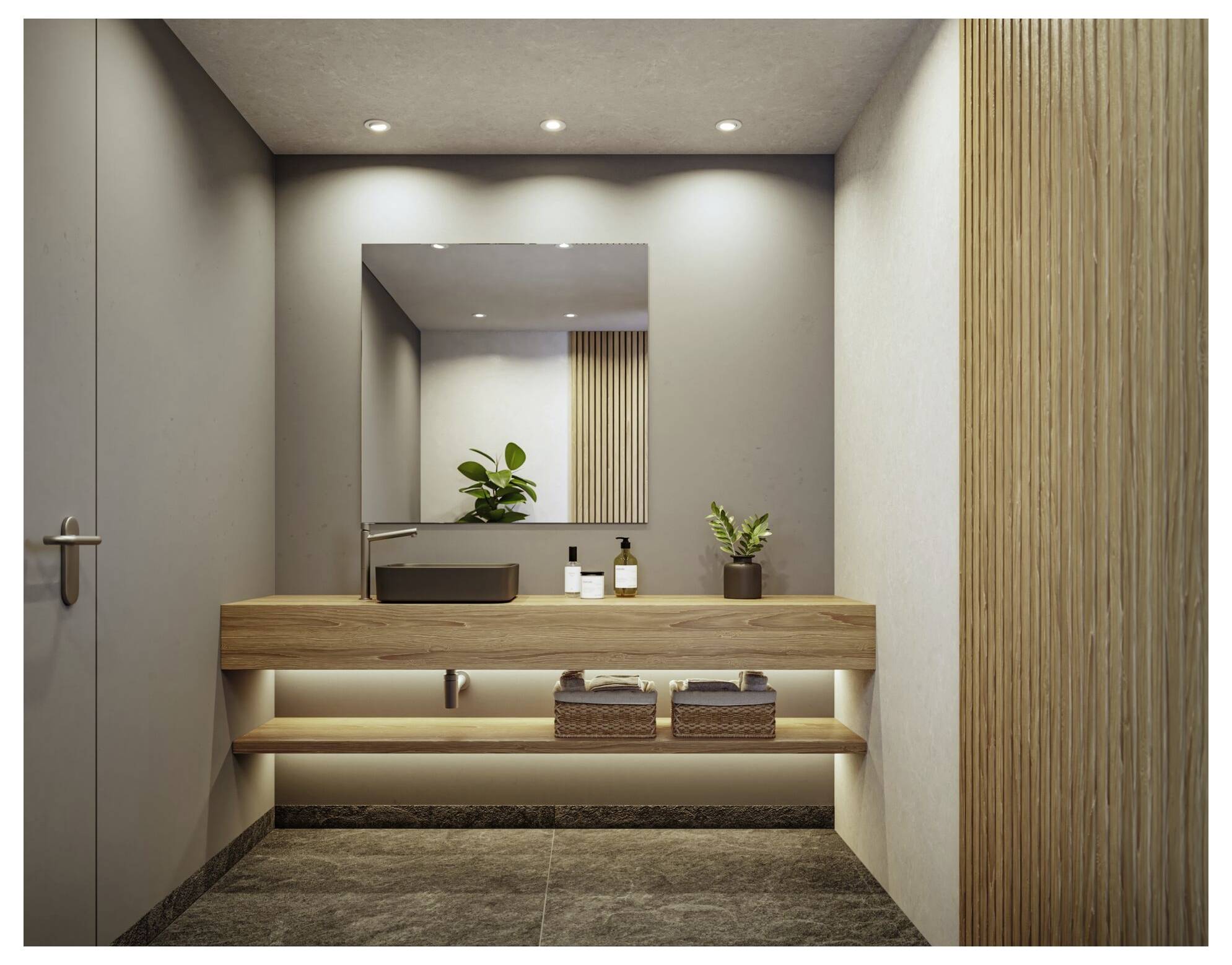 Modernes minimalistische Badezimmer mit hölzernem Waschtisch, Spiegel, Waschbecken und kleinen Pflanzen, vom Eingang aus betrachtet