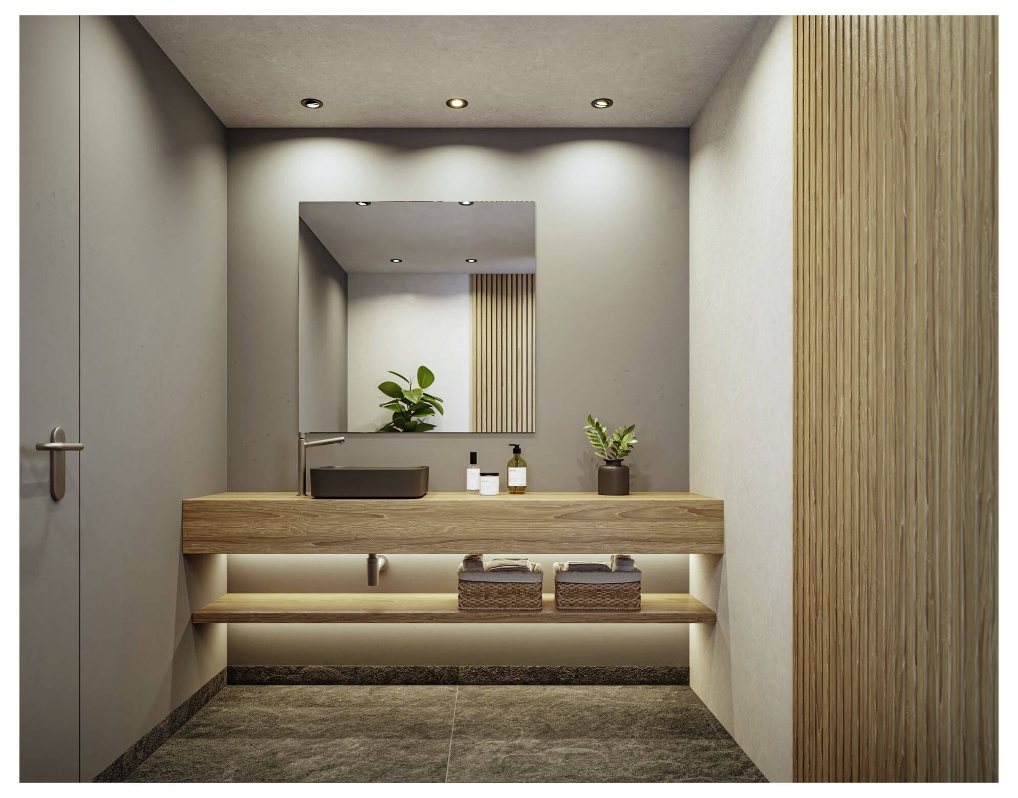 Modernes minimalistisches Badezimmer mit hölzernem Waschtisch, großem Spiegel, Waschbecken-Accessoires, Topfpflanzen und sanfter Einbauleuchten.