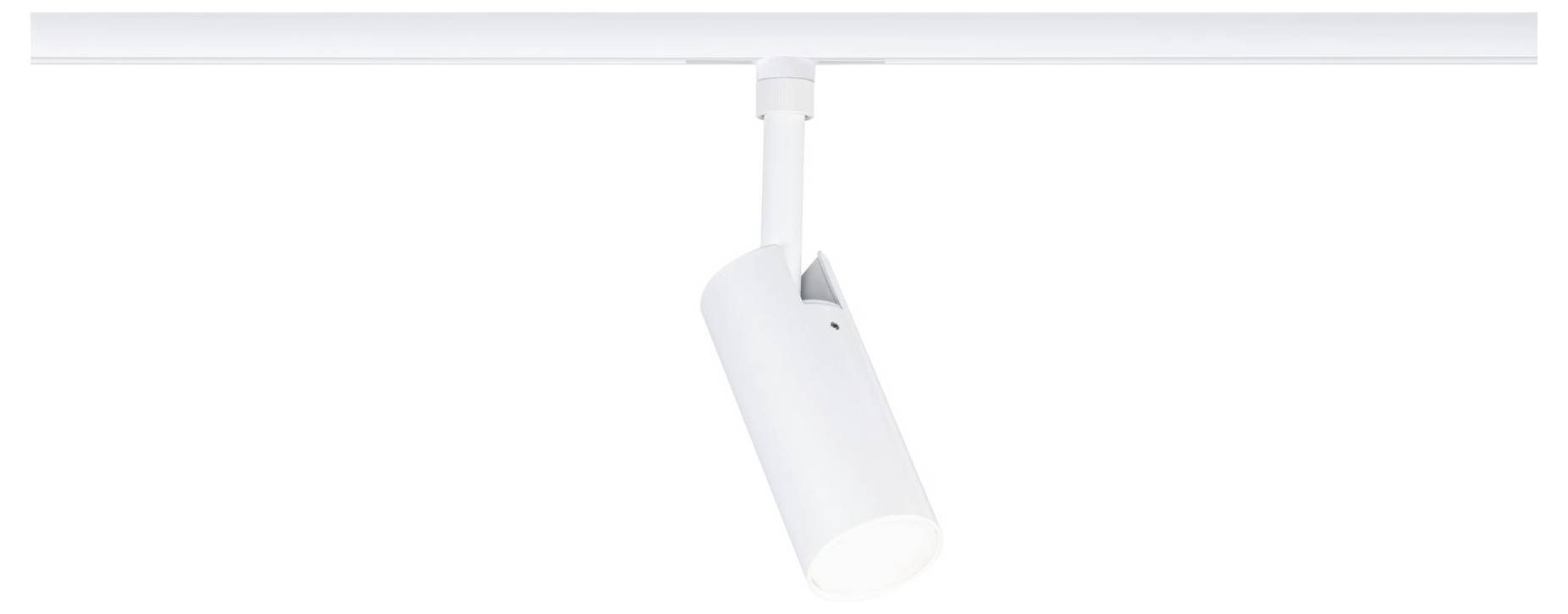 Weißer Deckenspot auf einer Schiene, nach unten angewinkelt und von einer geraden Schiene hängend.