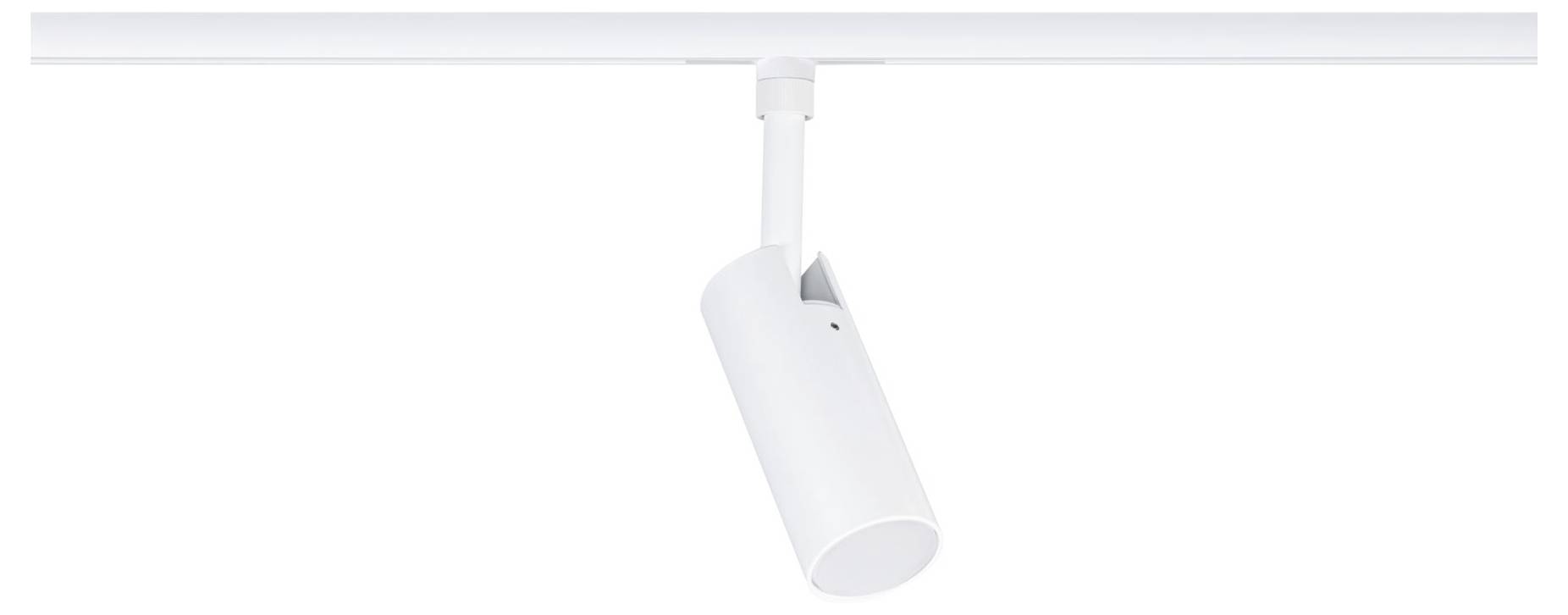 Weiße verstellbare Deckenleuchte auf einer Schiene, gezeigt vor einem einfachen Hintergrund.