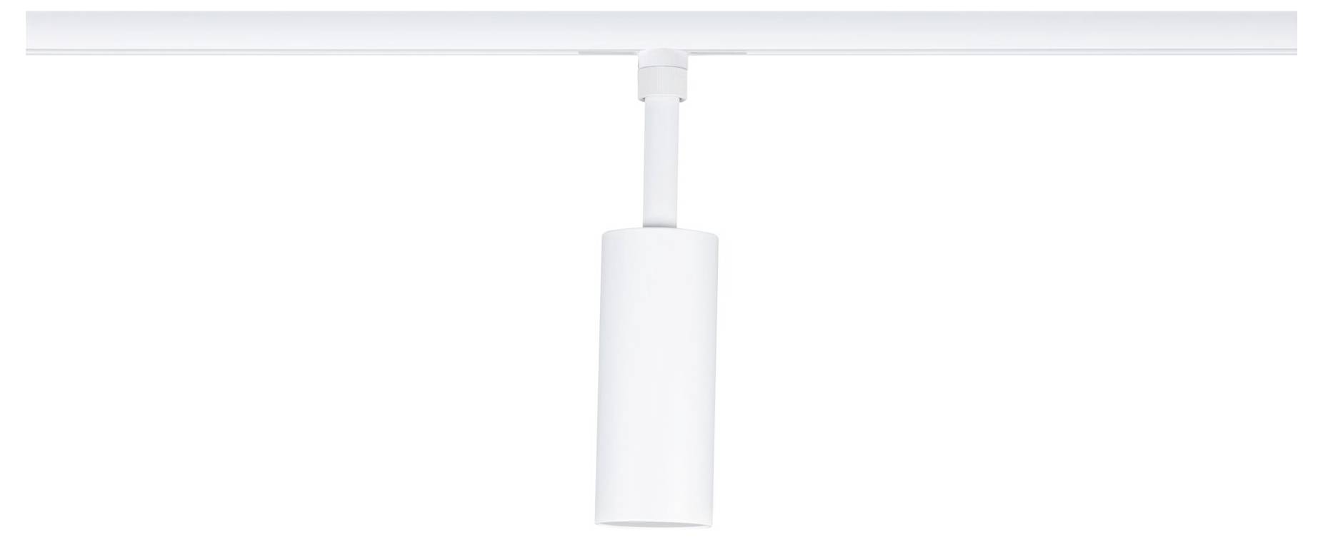 Weiße zylindrische Pendelleuchte, die von einer Deckenleiste gegen einen einfachen weißen Hintergrund hängend.