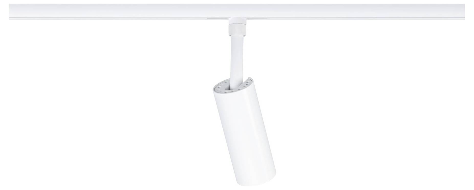 Weißer zylindrischer Strahler, der an einer Deckenleiste auf einfachem weißem Hintergrund hängt.