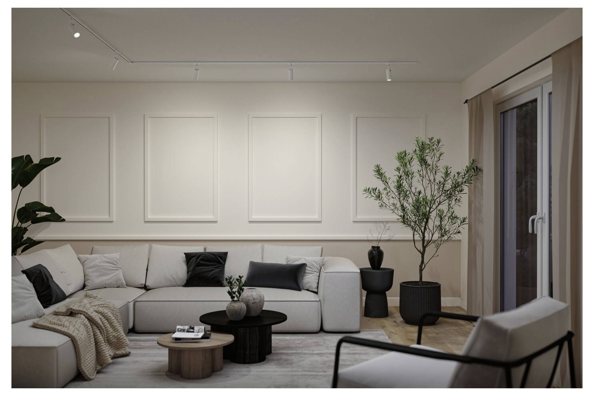 Minimalistisches modernes Wohnzimmer mit hellem Sofa, Couchtischen, Topfpflanze, Wandpaneelen und Glasschiebetür