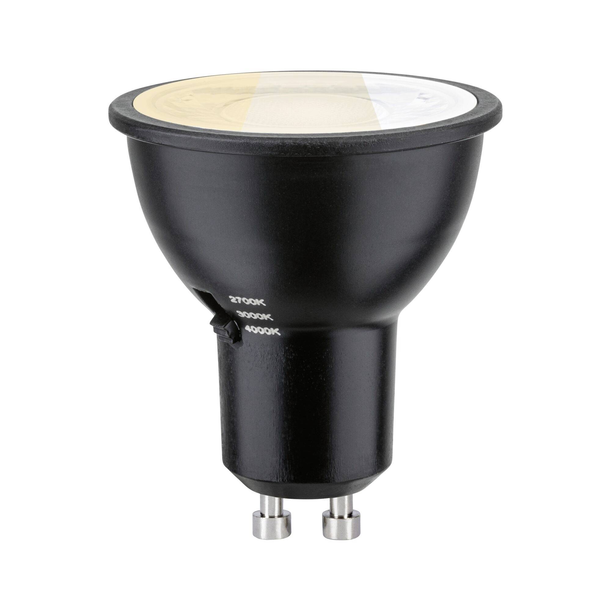 Schwarze Spotlightbirne mit zwei Metallstiften und einer breiten Reflektorfläche auf weißem Hintergrund.