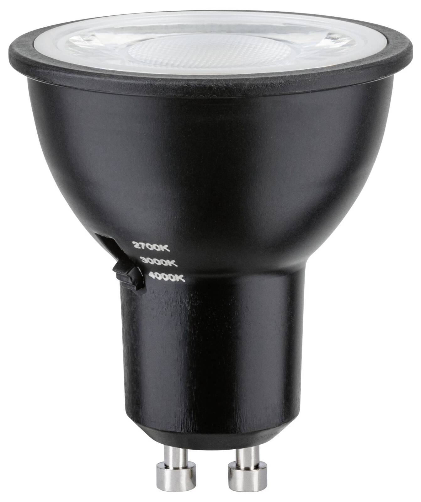 LED-Strahler-Glühbirne in Schwarz mit Zwei-Stift-Sockel und einstellbaren Farbtemperatur-Markierungen