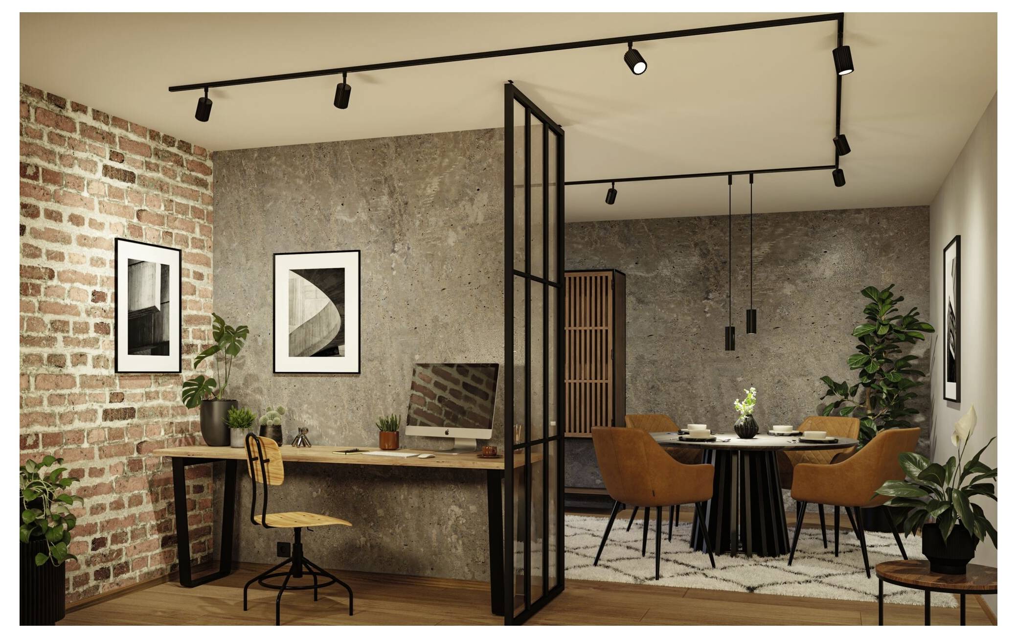 Stilvolles Open-Space-Büro mit Ziegelstein- und Betonwänden, schwarzer Schienenstrahler, ein Schreibtischarbeitsplatz auf der linken Seite und ein kleiner Konferenztisch mit orangefarbenen Stühlen auf der rechten Seite.