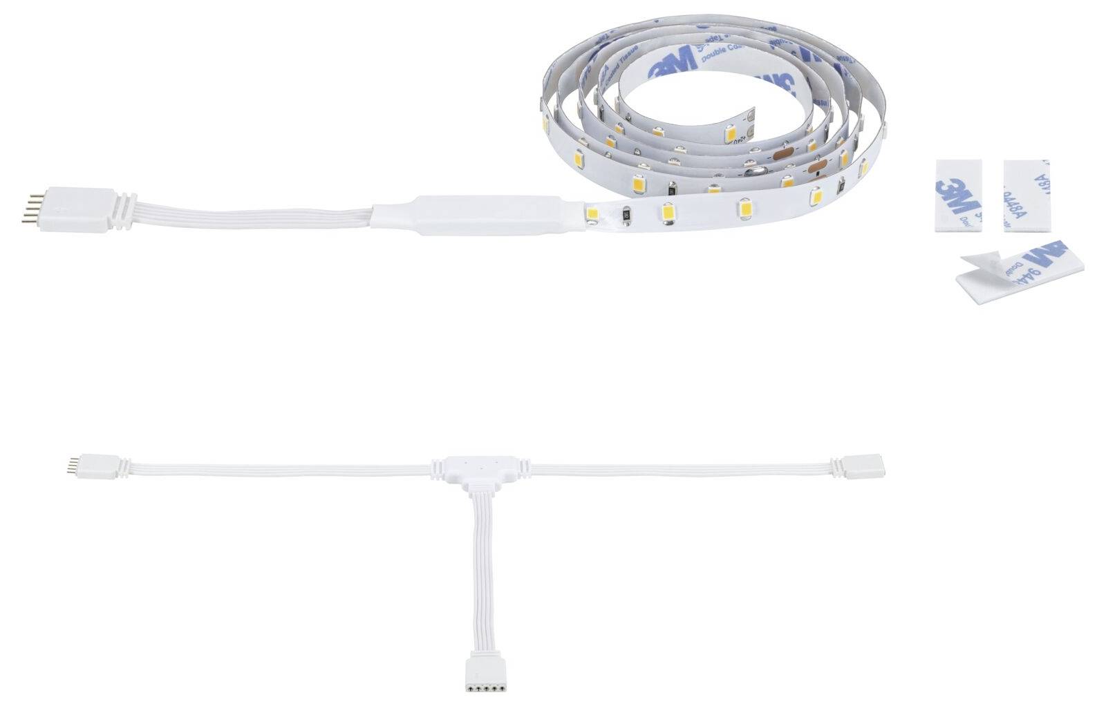 LED-Lichterstreifenset mit Anschlüssen und T-Splitter, zeigt einen aufgerollten flexiblen Streifen und ein Verlängerungskabel auf weißem Hintergrund.