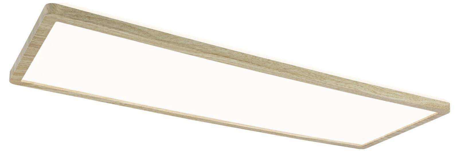 Rechteckige Deckenleuchte mit Holzrahmen und weißem Diffusor, von oben schräg aufgenommen vor weißem Hintergrund.