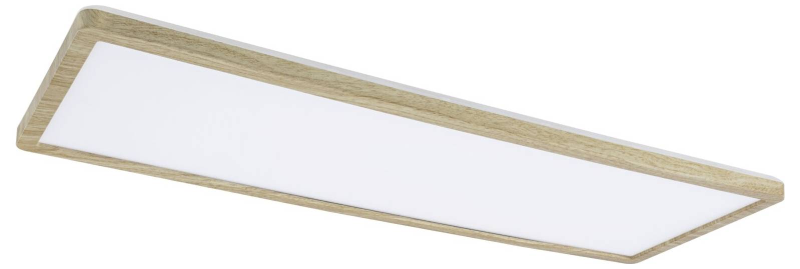 Rechteckige LED-Deckenleuchte mit Holzrahmen und flacher weißer Lichtstreuscheibe auf weißem Hintergrund.