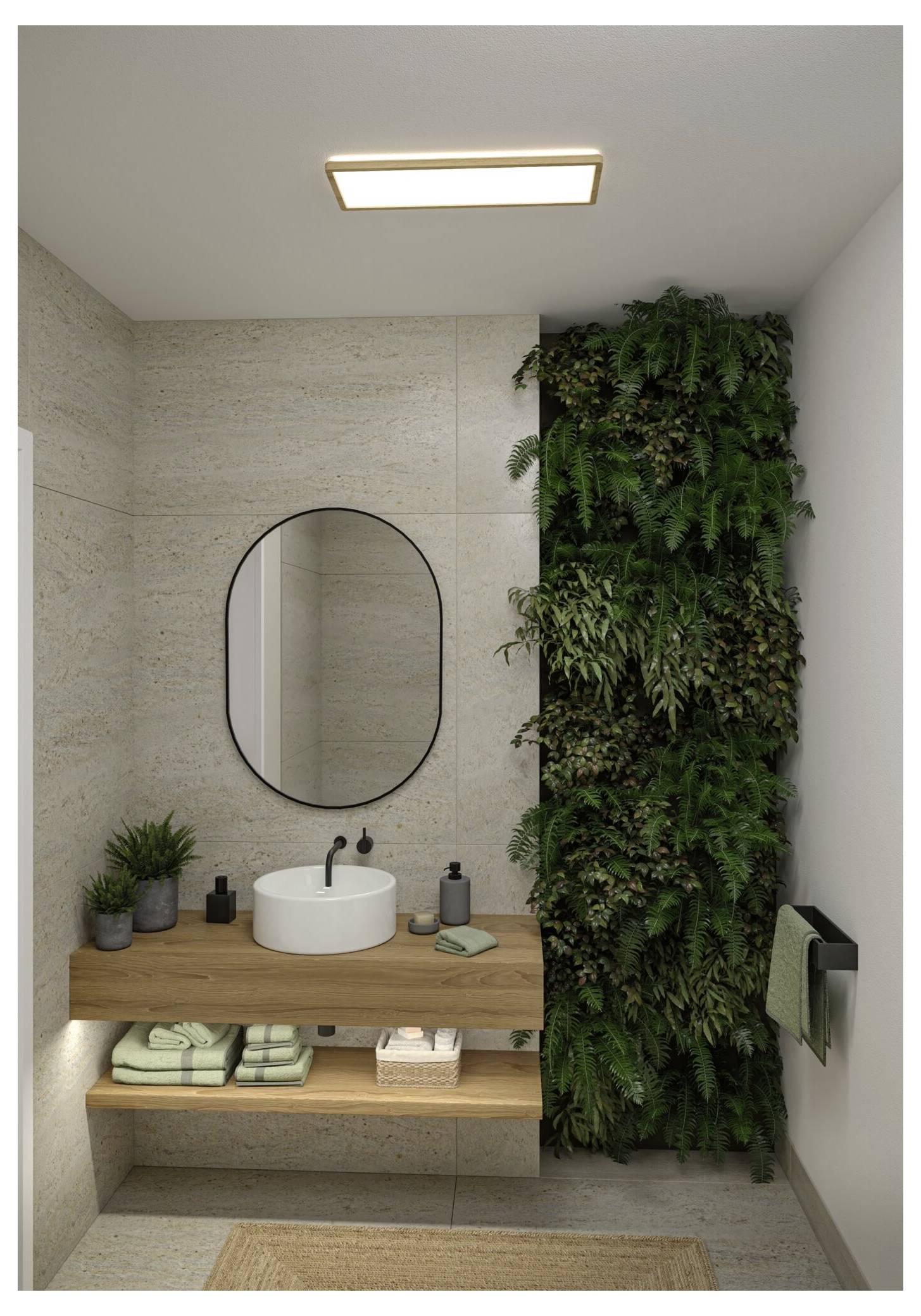 Modernes Badezimmer mit schwebendem Holzwaschtisch, rundem Spiegel, Aufsatzwaschbecken, Handtüchern und einer hohen Indoor-Grünflächenwand neben dem Waschbecken.