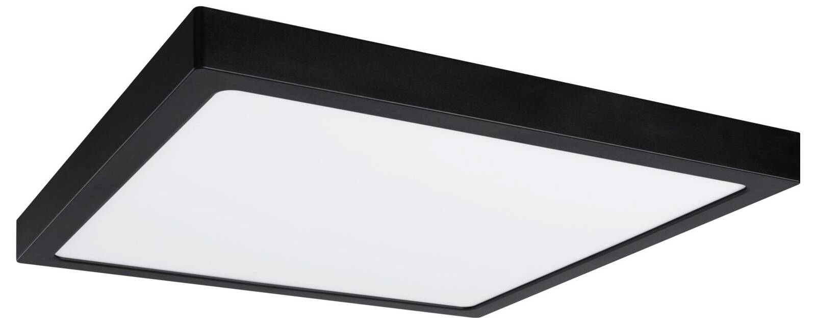 Schwarzes rechteckiges LED-Deckenlichpaneel mit weißem Diffusor, in schrägem Winkel gezeigt.