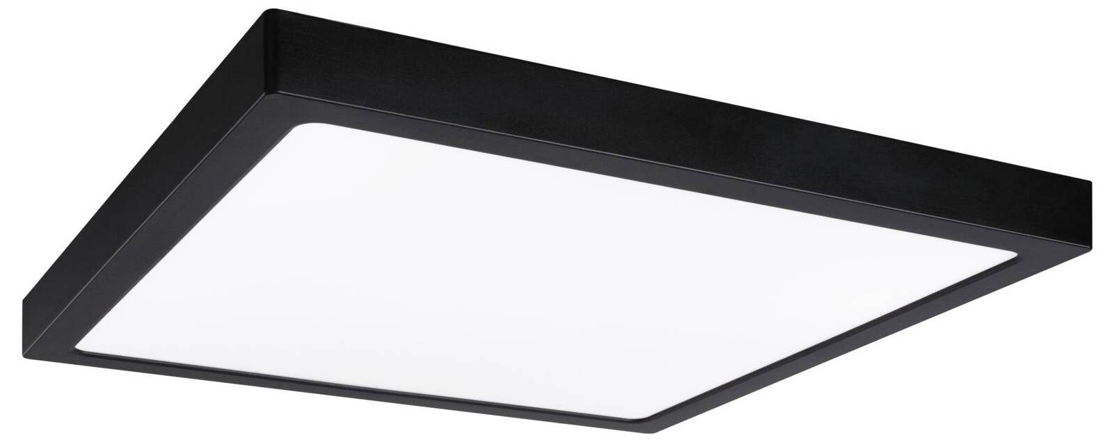 Schwarzes quadratisches LED-Deckenleuchten-Gehäuse mit weißem leuchtenden Panel, perspektivisch auf weißem Hintergrund dargestellt.