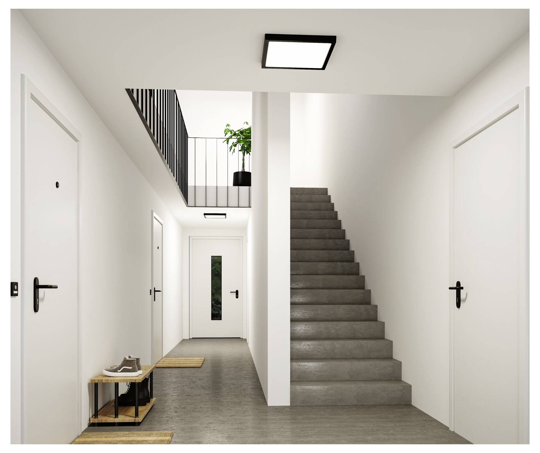 Moderner minimalistischer Flur mit weißen Türen, grauen Treppen und einem kleinen Treppenabsatz mit einer hängenden Pflanze und einer Bank.