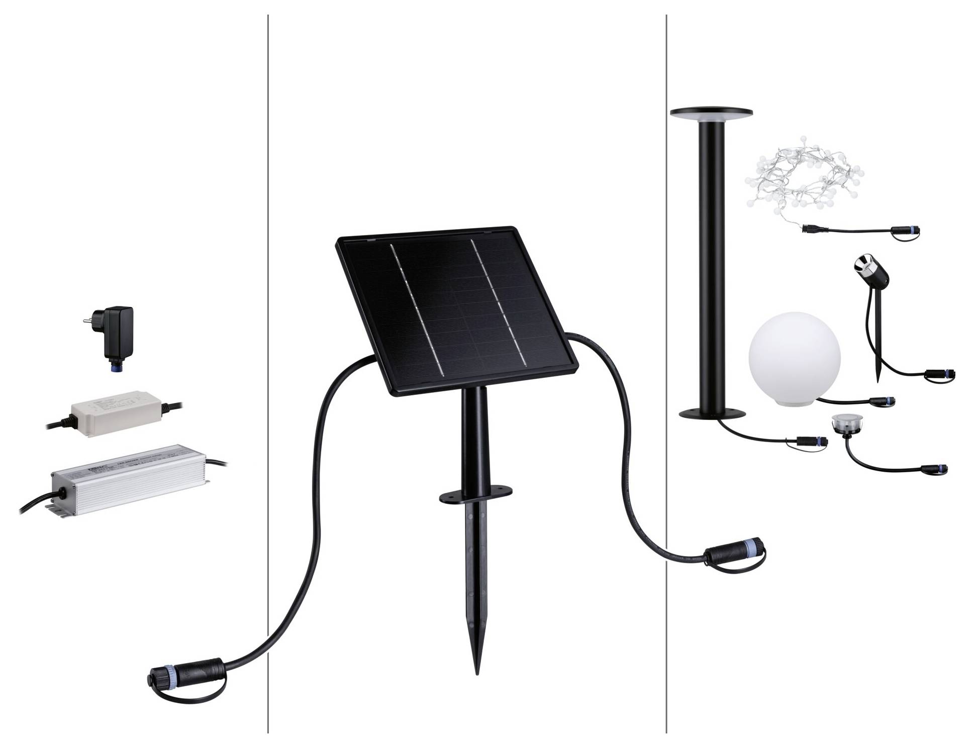 Solar-Gartenleuchten-Set, dargestellt als Einzelteile und montierte Einheit, einschließlich einsteckbarem Panel, LED-Leuchten, Verkabelung und einer kugelförmigen Lampe.