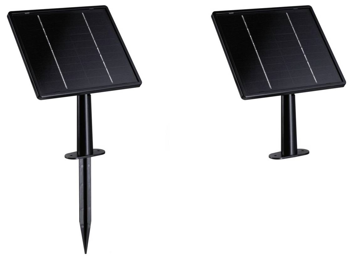 Zwei schwarze solar­betriebene Pfosten mit abgewinkelten rechteckigen Paneelen auf Pfählen montiert, nebeneinander auf weißem Hintergrund gezeigt.