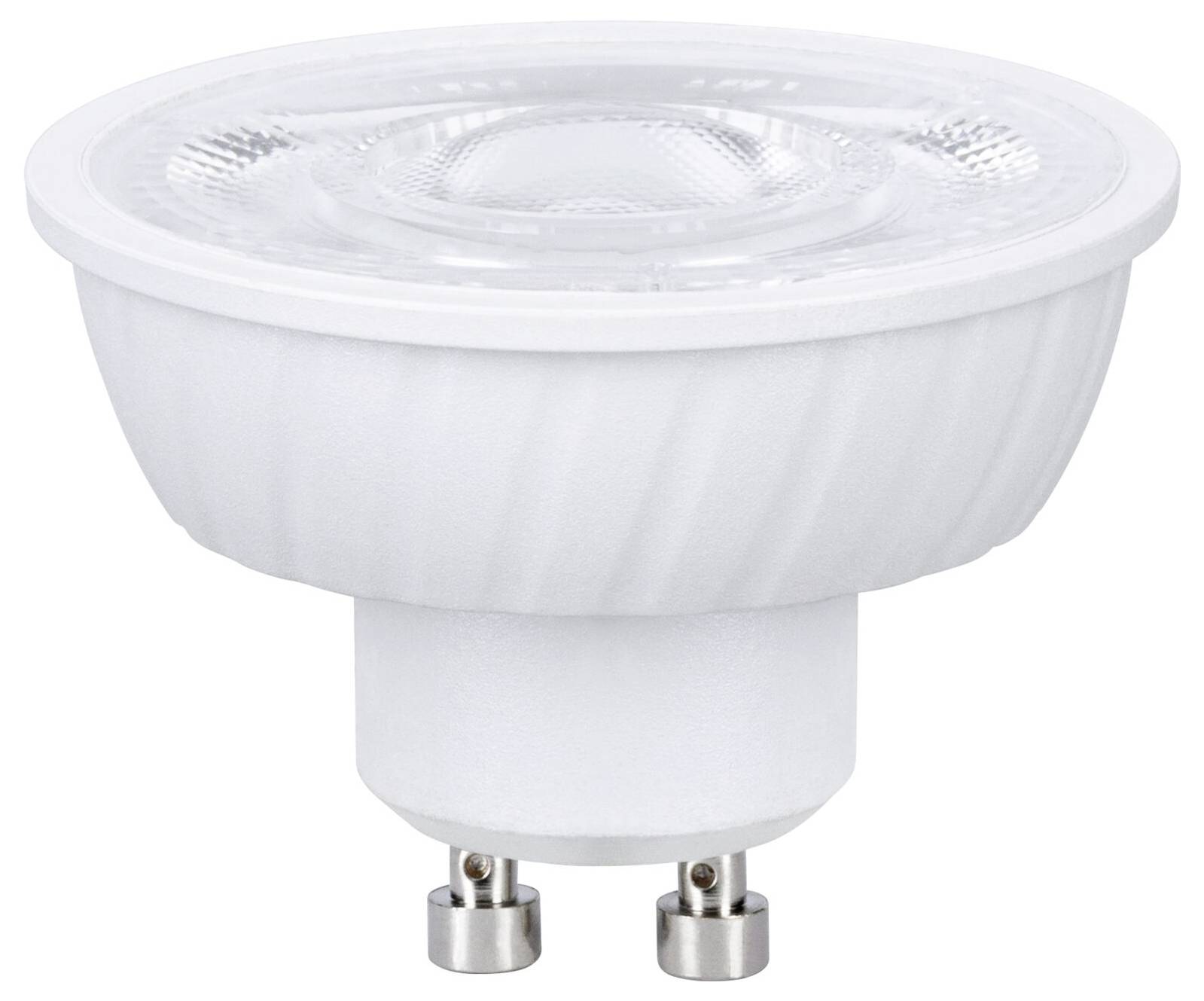 Weiße LED-Glühbirne mit breitem rundem Diffusor und zweipoliger Fassung, gezeigt vor einfachem weißem Hintergrund.