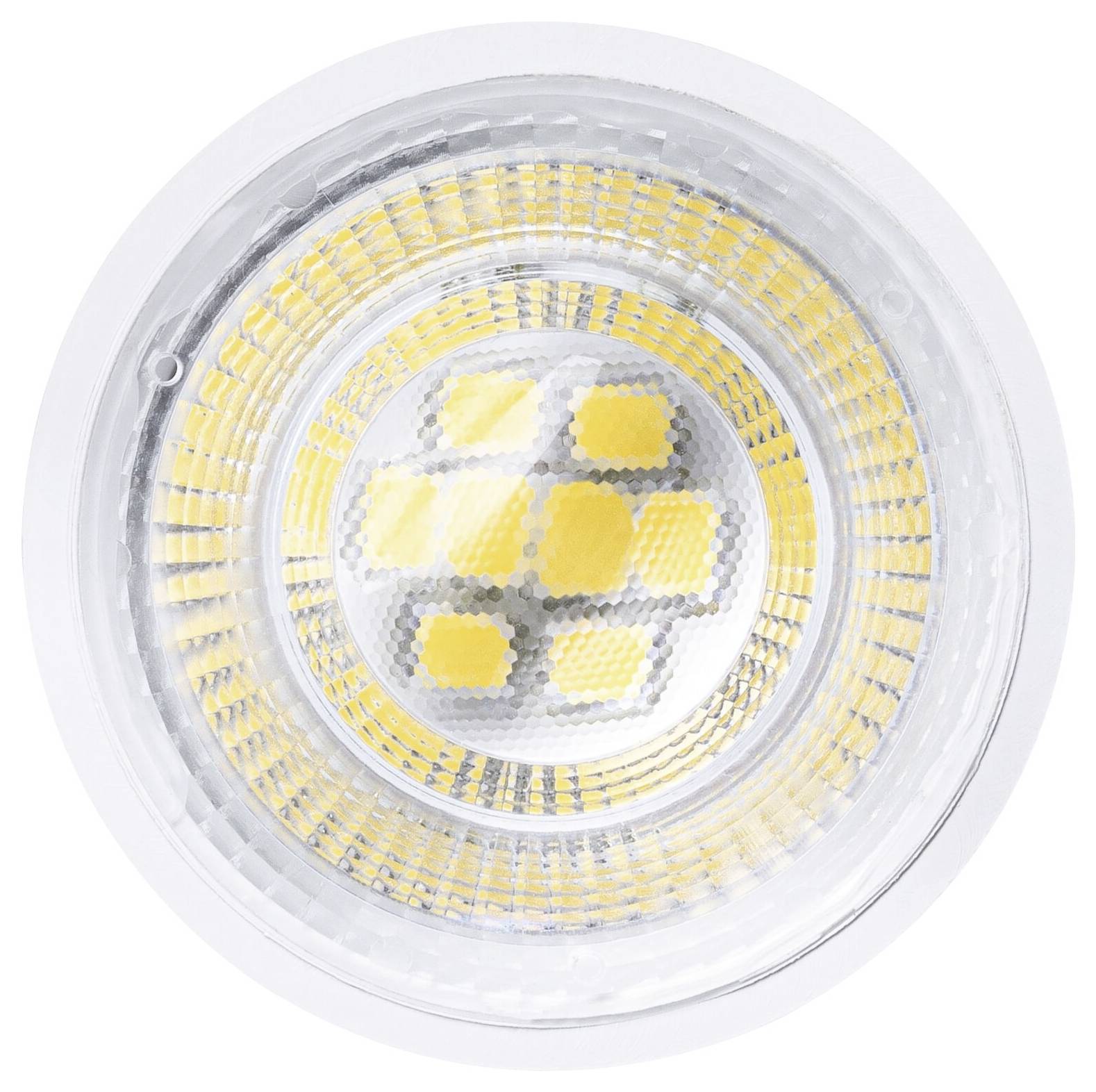 Draufsicht auf eine runde LED-Glühbirne oder einen Scheinwerfer mit mehreren gelben LEDs in einer klaren Linse.