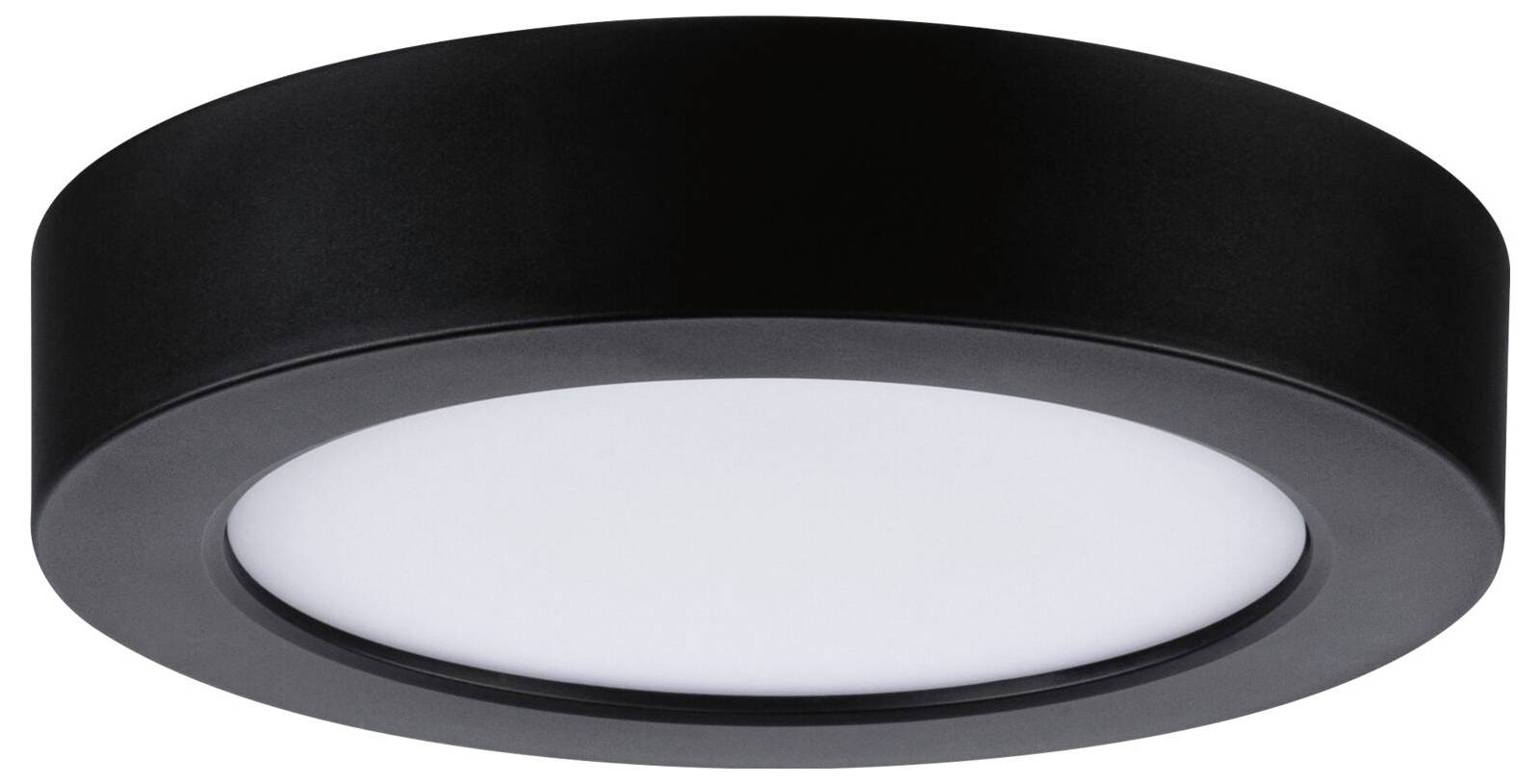 Runde schwarze, bündig montierte Deckenleuchte mit weißem Diffusor, vor neutralem Hintergrund gezeigt.