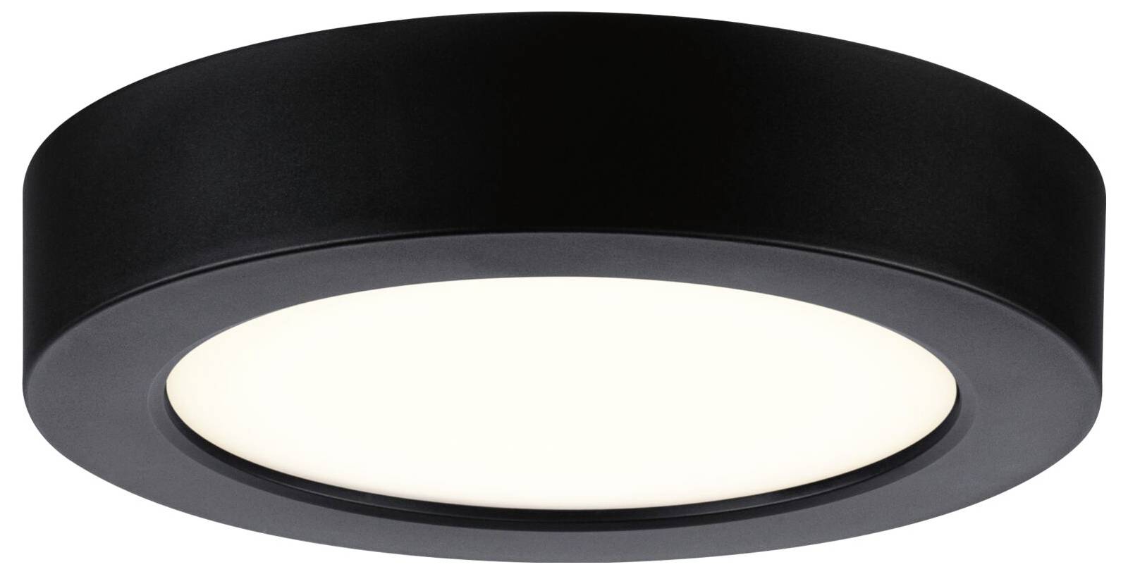 Runde schwarze bündig montierte Deckenleuchte mit leuchtender weißer Lichtscheibe.