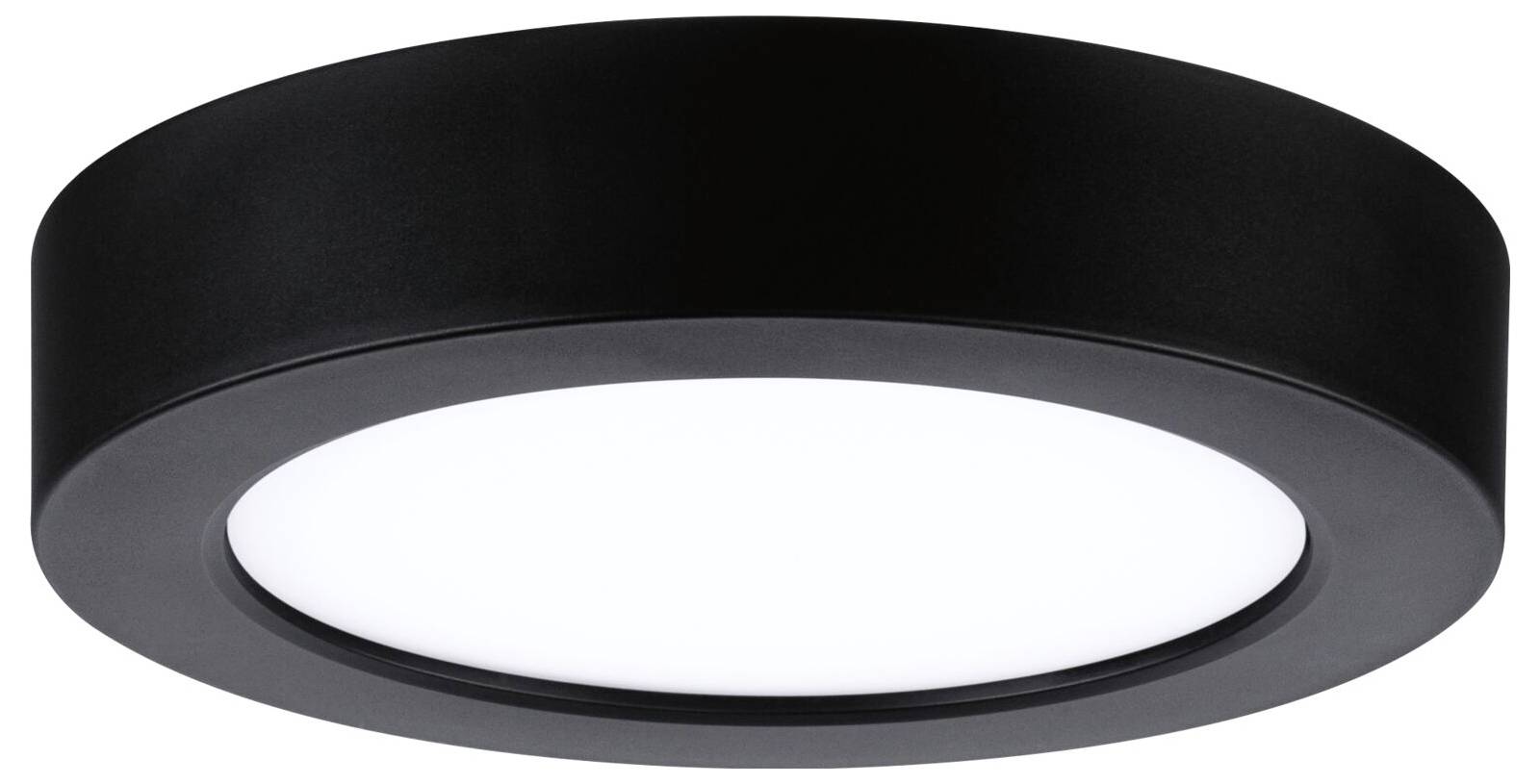 Schwarze runde Aufputz-Deckenleuchte mit weißem mattiertem Diffusorpaneel.