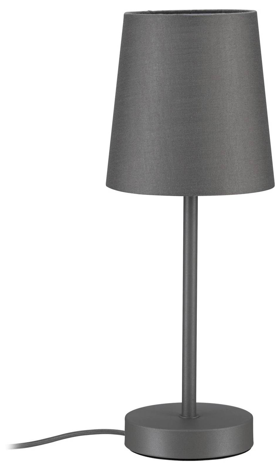 Dunkelgraue Tischlampe mit konischem Lampenschirm, schlankem Schaft, rundem Sockel und sichtbarem Stromkabel auf weißem Hintergrund
