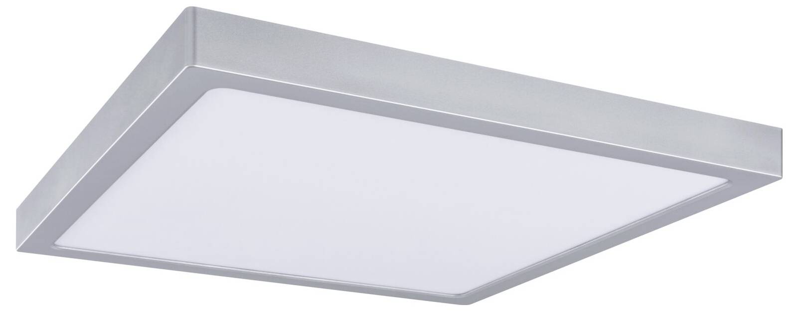 Rechteckige LED-Deckenleuchte zum Aufputz mit weißem Diffusor und silbernem Rand.